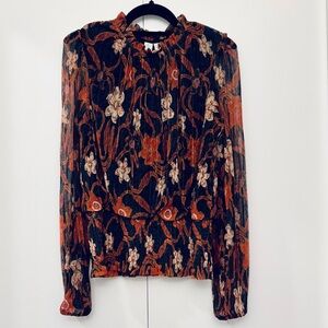 Joie Blouse Sheer Lined, High Collar, Long Sleeves, Black, Brown, Orange, Size L
